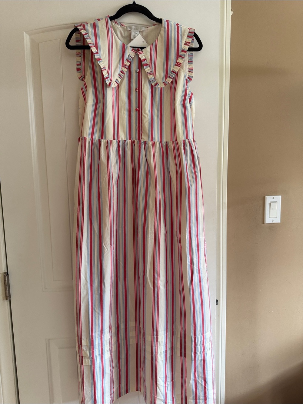 NWT Caroline Constas Striped Ruffled-Edge Maxi Dress - Cream, Blue, Pink